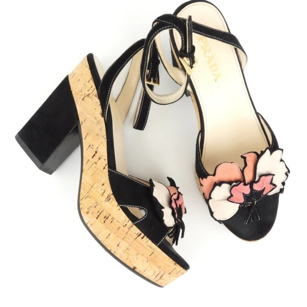Prada Black Suede Floral Embellished Cork Platform Block Heel Sandals -